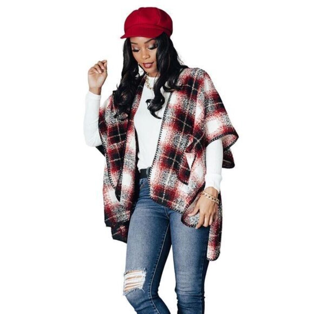 Boutique Red Black White Tan Plaid Poncho‎ Sweaters One Size